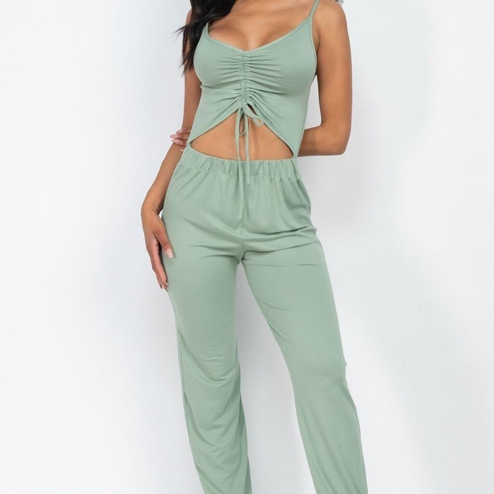 Women's Front Ruched With Adjustable String Cami, Open Back Jumpsuit